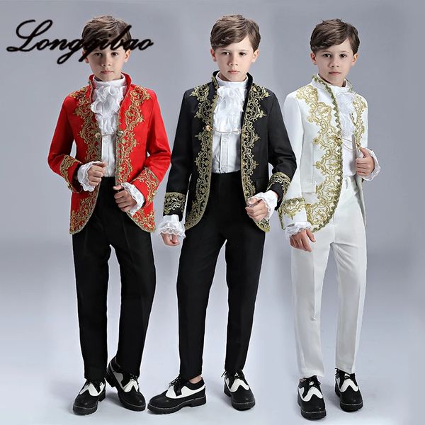 Boys Europe Style Court Drama Costume Enfants Golden Flower Stage Prince Charming Performance Clothing Set Kids Blazer Pantalon 240506