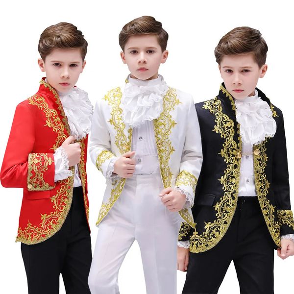 Boys Europe Style Court Drama Costume Enfants Golden Flower Stage Prince Charming Performance Clothing Set Kids Blazer Pantalon 240521