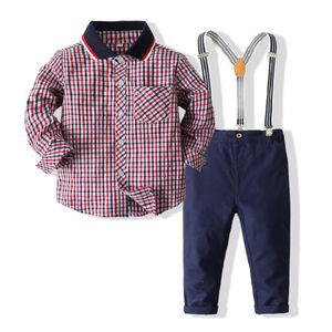 Jongens Herenkleding Sets Herfst Kinderen Formele Pakken Lange Mouw Geruite Shirt + Bretels Broek Casual Jongenskleding