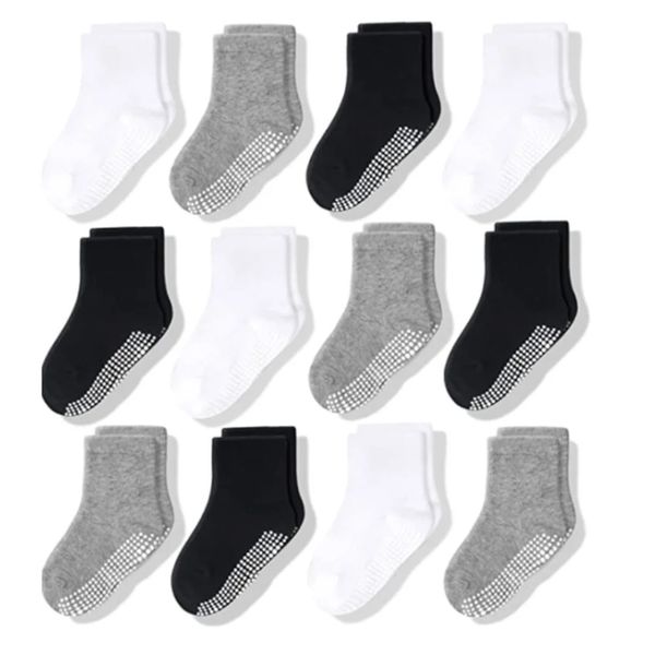 Garçons Filles 12 paires de chaussettes antidérapantes en coton né bébé 1-3 ans semelles antidérapantes chaussettes unisexes pour nourrissons tout-petits Grip enfants 240226