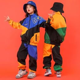 Jongens hiphop contrast jas meisjes jazz joggers kleren set kinderen street dance patchwork jacket jasje kinderkostuum streetwear