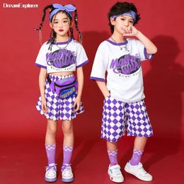 Jongens hiphop print t -shirt street dance shorts meisjes paarse crop top plaid rokken kind zomerkleding sets voor kinderen jazzkostuums 240516