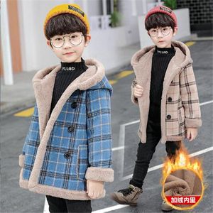 garçons veste hiver plus velours épais manteau chaud mode nouveau double boutonnage treillis à capuche vestes en laine casual enfants Pardessus