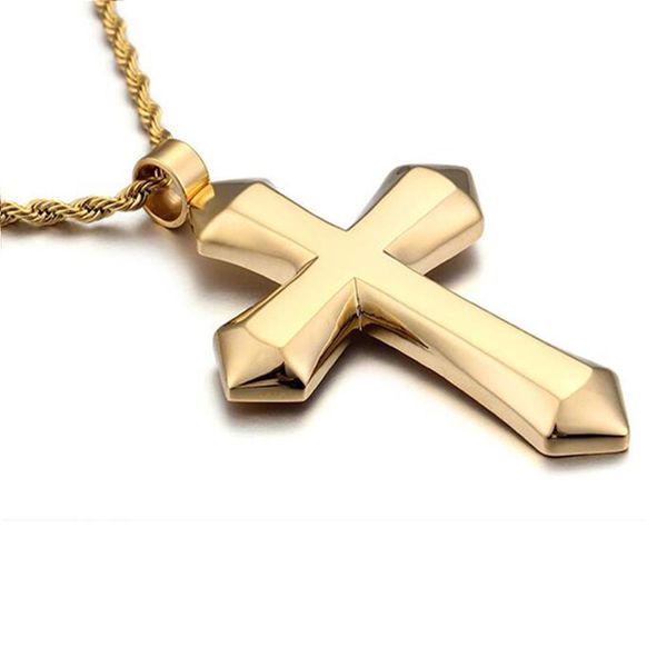 Chaîne pour hommes pour garçons, pendentif grande croix polie, chaîne en corde en acier inoxydable, couleur or argent, collier croix 60cm251B