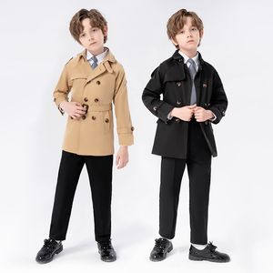 Midden-lengte casual trench jas van jongens set elegante herenkledingset (wit shirt + trench jas + broek + stropdas)