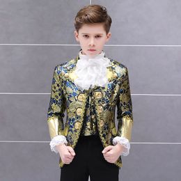 Jongens Retro Europese Hof Kleding Set Kind Prins Charmante Drama Show Jurk Pak Kinderen Blazer Vest Broek Kraag Bloem Outfit 240304