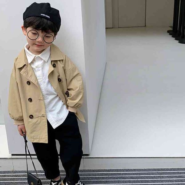 Garçons printemps style coréen kaki mode double boutonnage trench vestes enfants décontracté col rabattu manteaux 210508