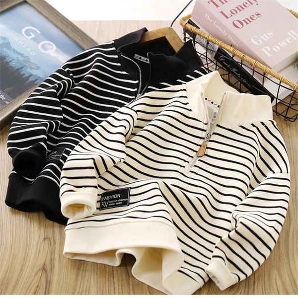 Garçons Stripes Sweat Printemps Automne Filles Casual Pull Grands Enfants Revers Zipper Tops Vêtements De Sport Pour Enfants 4-14 Ans 240328