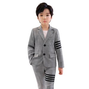 Jongenspak Gray Check Stripe Casual Suit Set (pak + broek + shirt)