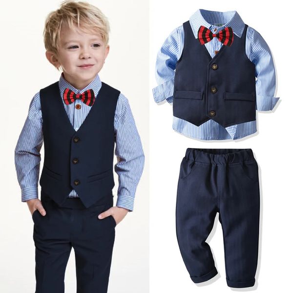 Garçons costumes vêtements pour mariage vêtements de fête formelle rayé bébé gilet chemise pantalon enfants garçon vêtements d'extérieur ensemble 240130