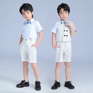 Jongens tienerjurken kinderen slabbetje broek vest set knappe piano hosting chorus performance kostuum (vest + shirt + shorts + bowtie + bib)