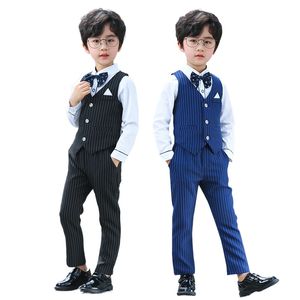 Garçons adolescents à rayures à rayures Suit d'étudiant robe héberge le costume de performance des enfants de piano à pied (gilet + pantalon + chemise + bowtie + ceinture)