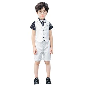 Witte Vest Set Striped Piano Performance voor jongens (Vest + Shorts + Shirt + Bow Tie)