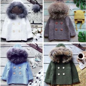 Jongens winter gehaakte jassen mode knop jassen trui shirt vesten truienGebreide kindertruien baby trui met capuchon en hoed C6426