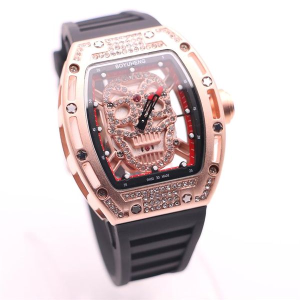 Boyuheng 43 mm Gold Diamond Hollow Skeleton Dial Red Two Hands Watches Menses Transparent Quartz Battery Moving Wristwa311y