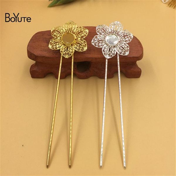 BoYuTe, 5 uds., bandeja Base de cabujón de 12MM, palo para el cabello Kanzashi plateado y dorado, accesorios Diy para mujer, joyería para el cabello 263s