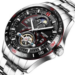 BOYZHE wengle nuevos relojes mecánicos automáticos para hombres correa de acero impermeable hueca Tourbillon luminoso ventana de perspectiva automática 243N