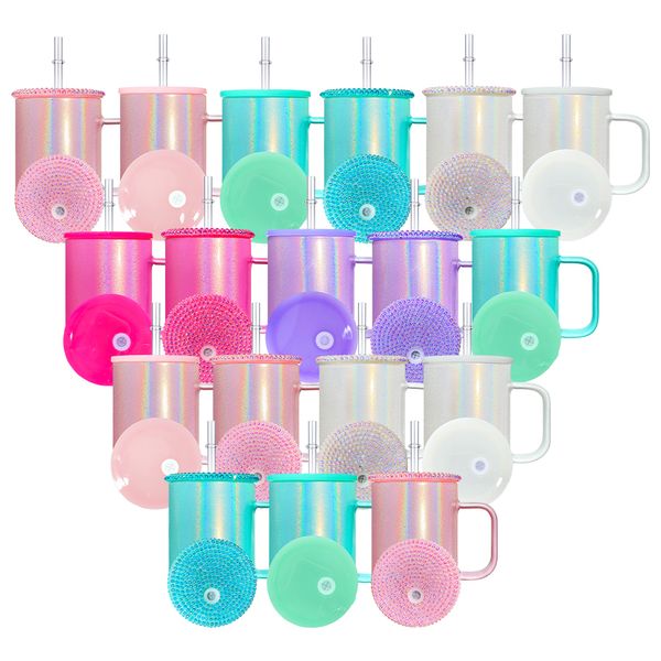 Tasses de voyage à café en verre de camping à sublimation vierge de 17 oz sans BPA avec couvercles et pailles en diamant scintillant pour emballages UV DTF dans l'entrepôt des États-Unis