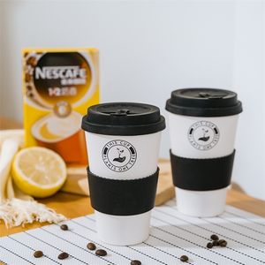 Taza de café reutilizable de fibra de bambú sin BPA, taza de agua a prueba de derrames, botella de leche degradable antiescaldado de 450ml con funda de tapa 210804