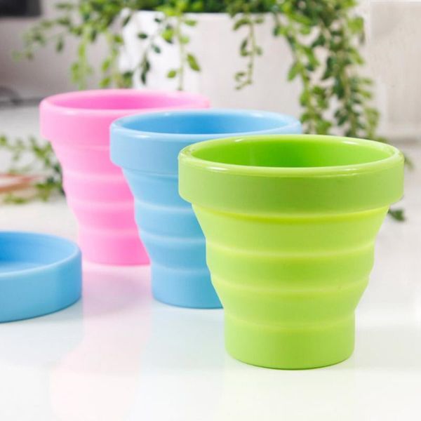 Botellas de agua de silicona desechables sin BPA, taza plegable portátil de viaje plegable para acampar con tapas