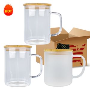 Tasses à café en verre givré transparent à haute teneur en borosilicate réutilisables sans BPA de 17 oz avec couvercle en bambou et paille pour presse à chaleur par sublimation