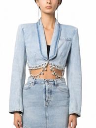 BPN élégant épissé Diamds Denim manteau pour femmes revers Lg manches solide irrégulière veste femme printemps vêtements Fi nouveau L9EZ #