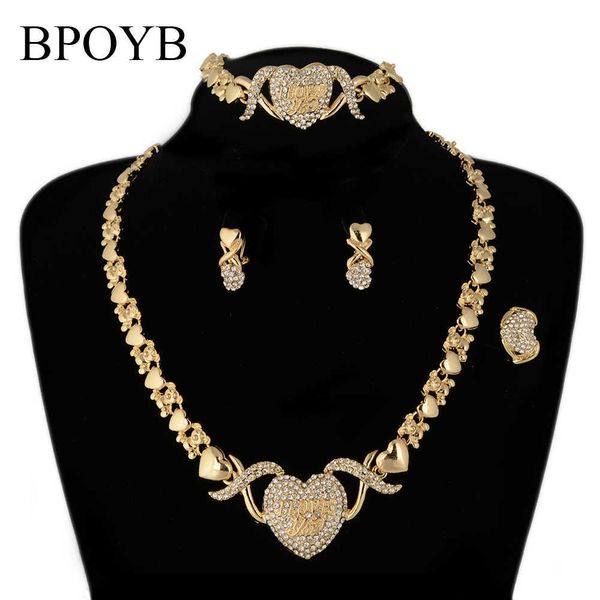 BPOYB Adorable oso de peluche corazón te amo Xoxo conjunto de joyas collar de Color dorado pendientes pulsera anillo entero