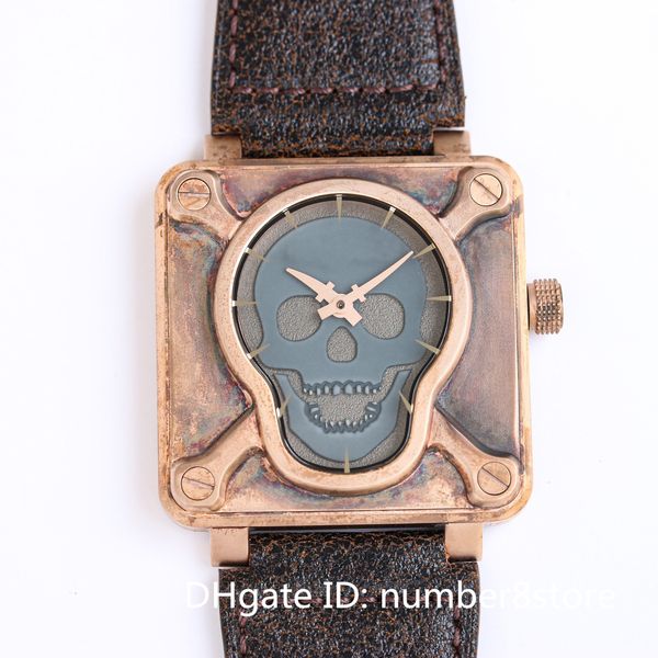 BR01 Skull Bronze Square Montre Homme ETA 2824 Mouvement Automatique Photoluminescent Cadran Noir Cristal Saphir Étanche Montre-Bracelet Suisse Oversize