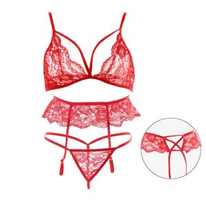 Bra and Panty Set Women Underwear Lace Lingerie 3pcs Sexy Transparent Red Lingerie See Through Thong Femme Bralette Set