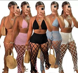 Beha bijpassende zwemkleding sexy hollow out Zie door tweedelig broek set vrouwen strand vissen net sexy mode