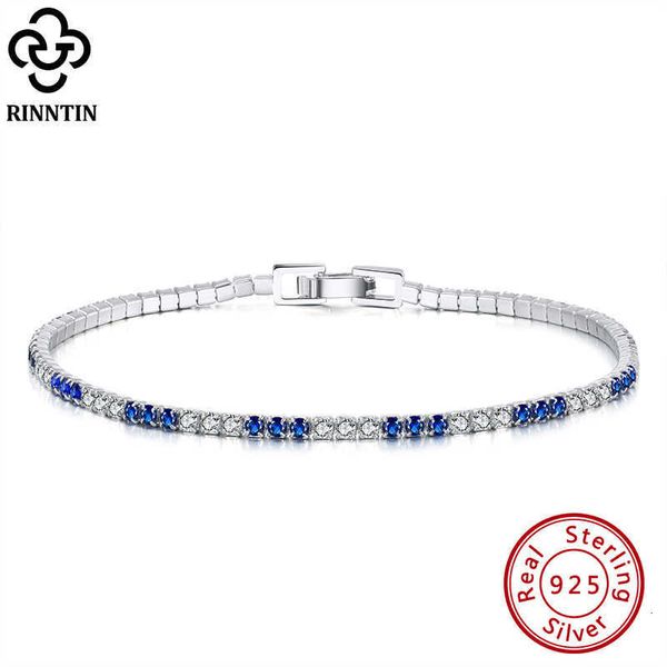 Bracelet Chaîne Rinntin Femme Deluxe Tennis Argent Sterling 925 2.0mm Zircon Cubique Bleu et Clair 6.5 - 7.5 Pouces Bijoux Sb117