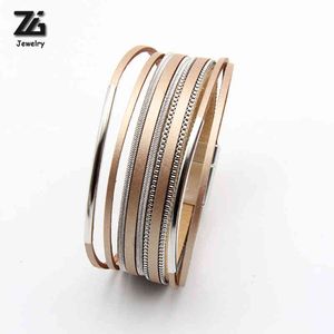Armbandontwerper ZG armbanden voor vrouwen metaalbar charm lederen trendy boho gevlochten touw brede meerlagige wrap bangle vrouwelijke sieraden