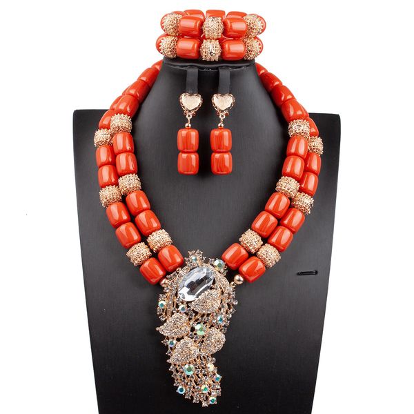 Bracelet boucles d'oreilles collier corail artificiel perles africaines ensemble de bijoux avec grand coffre double couche nigérian vêtements de mariage ensemble de bijoux WE320 230711
