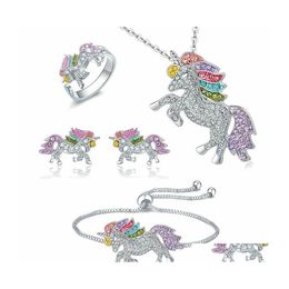 Pulsera Pendientes Collar Crystal Horse Jewelry Set Cute Rainbow Gold Sier Color Pulsera Anillos Para Mujeres Niñas Regalo Drop Deliver Otdiq