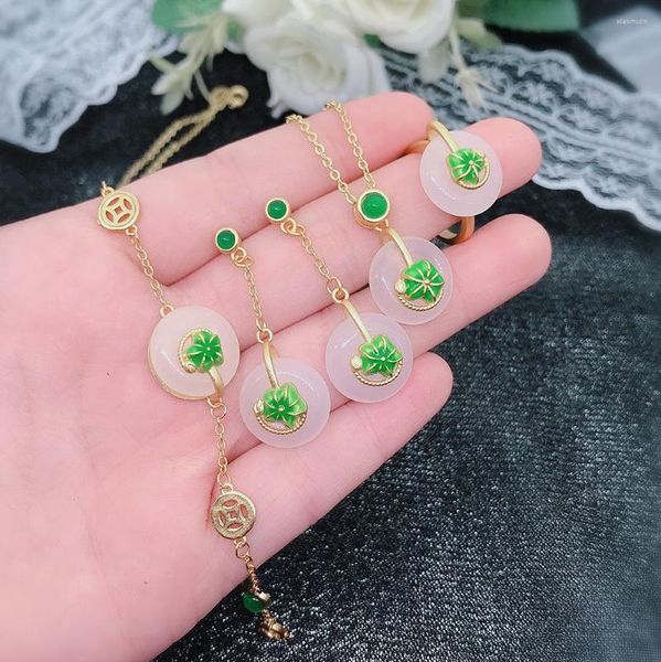 Bracelet boucles d'oreilles collier ethnique fleur Jade mariée ennemi femmes or jaune 18K anniversaire cadeaux de mariage boucle d'oreille pendentif ensemble de bagues