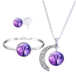 Bracelet, boucles d'oreilles Collier Fashion 12 Zodiac Sign Pendant Moon Stud Bracelets Set For Women Glass Cabochons Horoscope Constellatio Dho8y