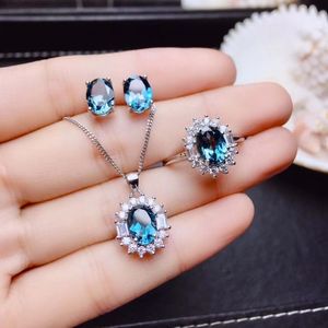 Armband, oorbellen ketting natuurlijke blauwe topaas edelsteen s925 zilveren ring hanger edelsteenjewelry set elegante mooie ronde meisje vrouwen party cadeau