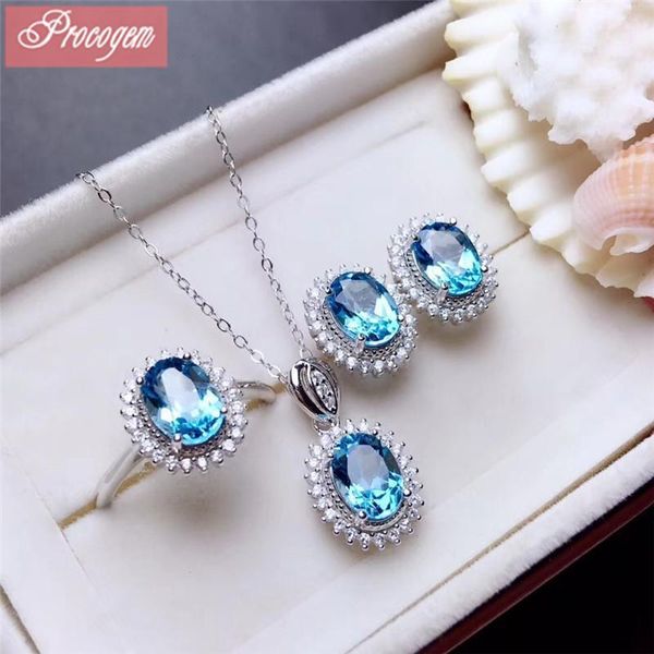 Bracelet, boucles d'oreilles collier topaze bleue naturelle ensembles de bijoux pour femmes filles facettes véritables pierres précieuses avec bague en zircon S925 argent #215