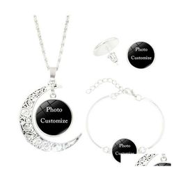 Bracelet boucles d'oreilles collier personnalisé fait sur mesure P O médaillons ensemble de bijoux verre Cabochon pendentif lune Stud Dangle Bracelet B Otxuc