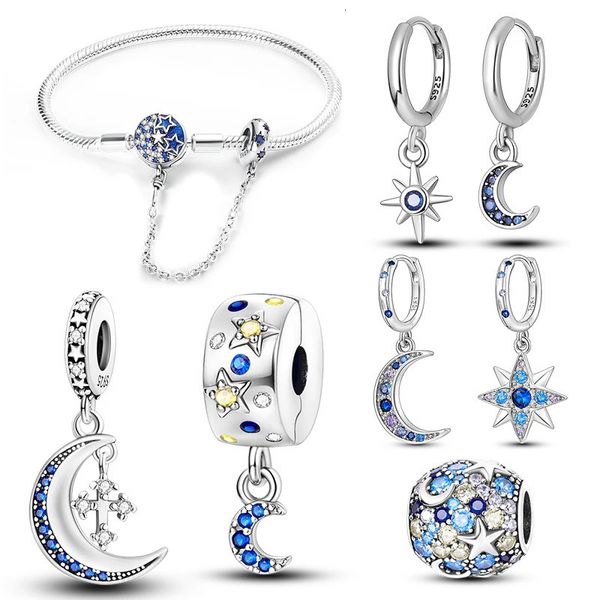 Bracelet boucles d'oreilles collier étoile lune ensemble de bijoux pour femmes mariage fiançailles bleu zircone Original 925 argent breloques costume cadeau 231101