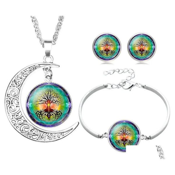 Pendientes de pulsera Collar Collar de la vida Juegos de joyería de tachuelas Cadenas de cabujón de vidrio Fashion Jewellry para mujeres Drop entrega Dh5d4