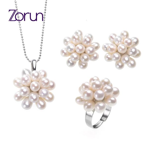 Pulseira Brincos Colar Zorun Real Natural Pérola de Água Doce Conjuntos de Jóias de Casamento 5-6MM com Conjuntos de Anel de Design de Cor Prata para Mulheres 231124