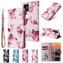 Bracelet Flip Gilding Marble Phone Cases pour iPhone 14 13 12 11 Pro Max XR XS 7 8 Plus SE2 SE3 Lanière Plusieurs emplacements pour cartes Portefeuille en cuir Coque de protection