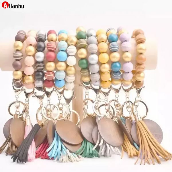 Bracelet porte-clés bois perles glands porte-clés fête faveur personnalisé disque oranament souvenir bracelet porte-clés femmes poignet Wcsd