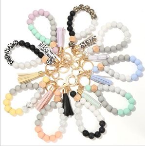 Armband Sleutelhangers PU Lederen Tassel Sleutelhanger Food Grade Siliconen Bead Armbanden Sleutelhanger Fashion Sieraden Party Gunst 9 Designs Groothandel BT6602