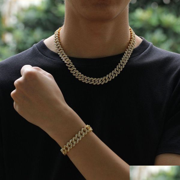 Pulsera Collar 12 Mm Miami Cuban Link Cadena Pulseras Conjunto Para Hombre Bling Hip Hop Iced Out Diamond Gold Sier Rapper Cadenas Mujeres Lu Dhsat