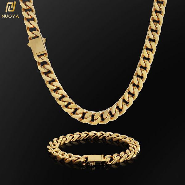 Collar de pulsera Chapado en oro de 18 quilates Cadena de eslabones cubanos con bordillo plano de Miami de acero inoxidable pulido grueso para hombres 230202