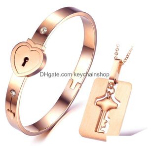 Armband ketting 316L roestvrijstalen liefhebbers hartvergrendeling diamanten armbanden sleutel hanger paar sieraden set valentijnsdag bruiloft birt dhzib