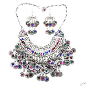 Bracelet Collier Afghan Sier Couleur Pièce Gland Bib Déclaration Boucles D'oreilles Ensembles Pour Femmes Turc Gypsy Strass Fête Bijoux Dhgarden Dhoho