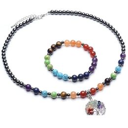 Bracelet Collier Jln Sept Chakra Hématite Ensemble de Bijoux Pierre De Guérison Stretch Perle Puce Charme Avec Fermoir Mousqueton Pour Les Filles Et Goutte Otbrf